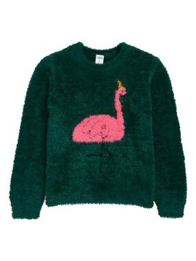 Harper Canyon Kids Intarsia Emerald Fuzzy Sweater with Pink Flamingo 5T